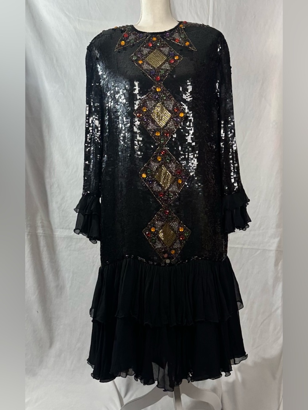 Vintage Silk Black Dress w Sequin Detail